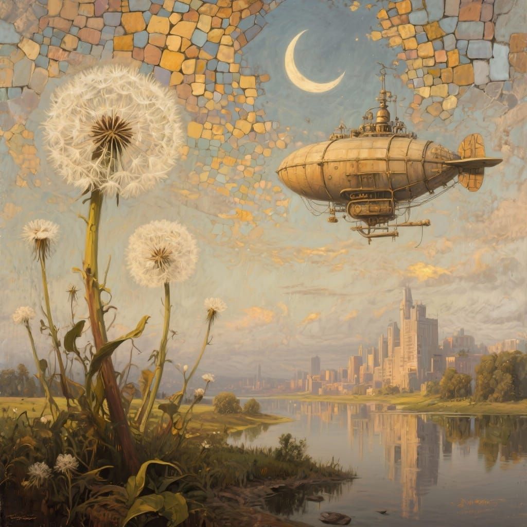 Surreal Dandelion Landscape with Airship, Oil Painting