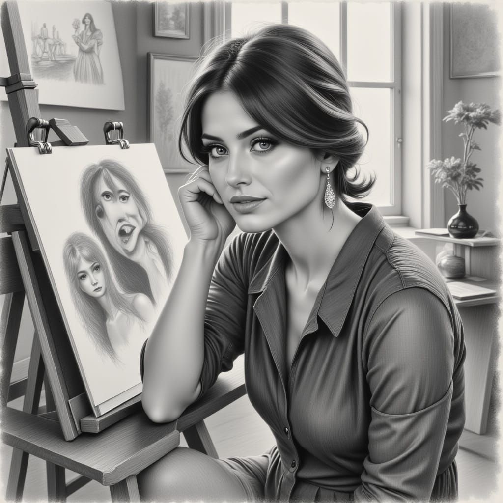 Woman in Studio: Charcoal and Pencil Portrait