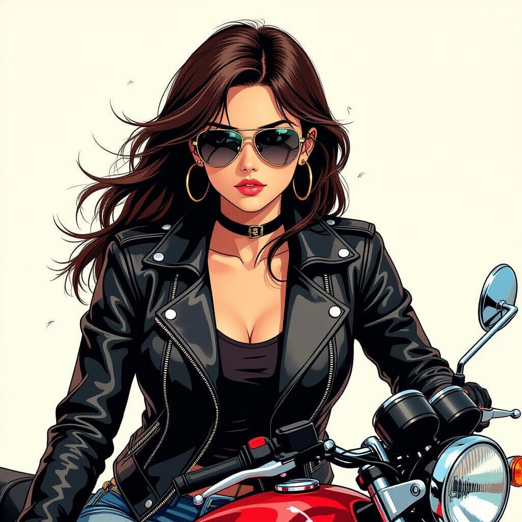 Cool Girl in Leather Jacket on Motorcycle, Realistic Manga S...