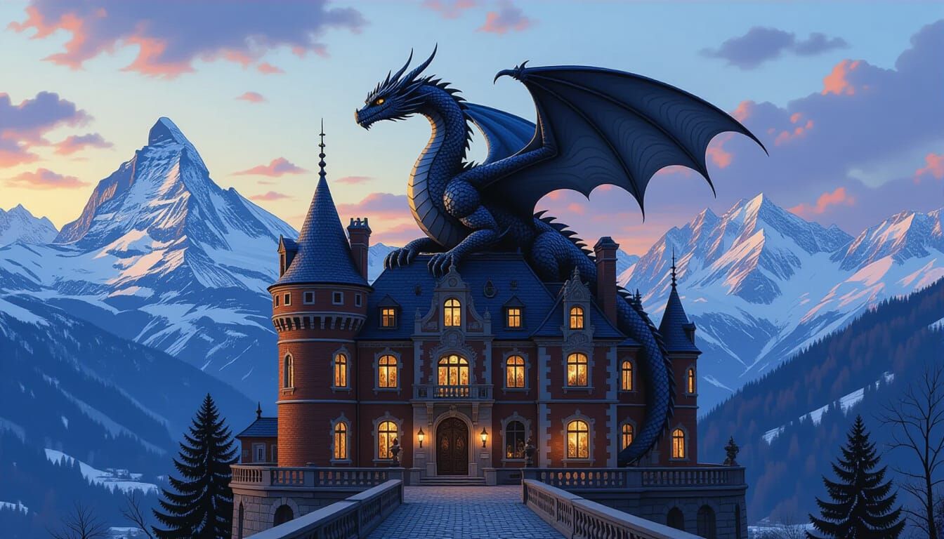 Majestic Dragon on Chateau in Swiss Alps