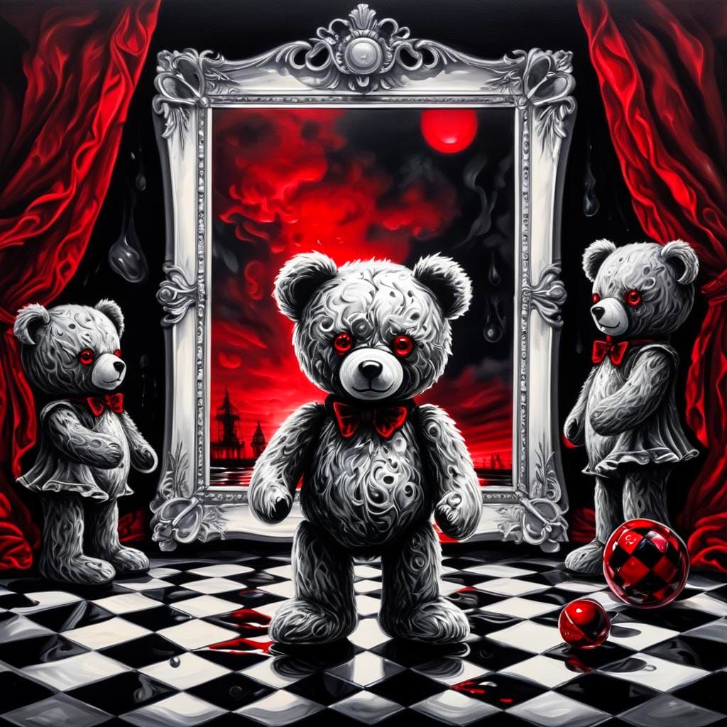Sinister Reflection: Surreal Teddy Bear in Mirror