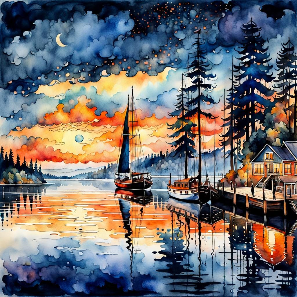 Lake Schooner in Klimt-Griffiths Style Watercolor