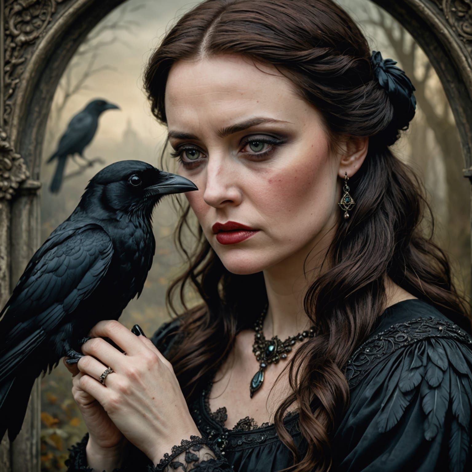 a close up of a brunette woman holding a raven