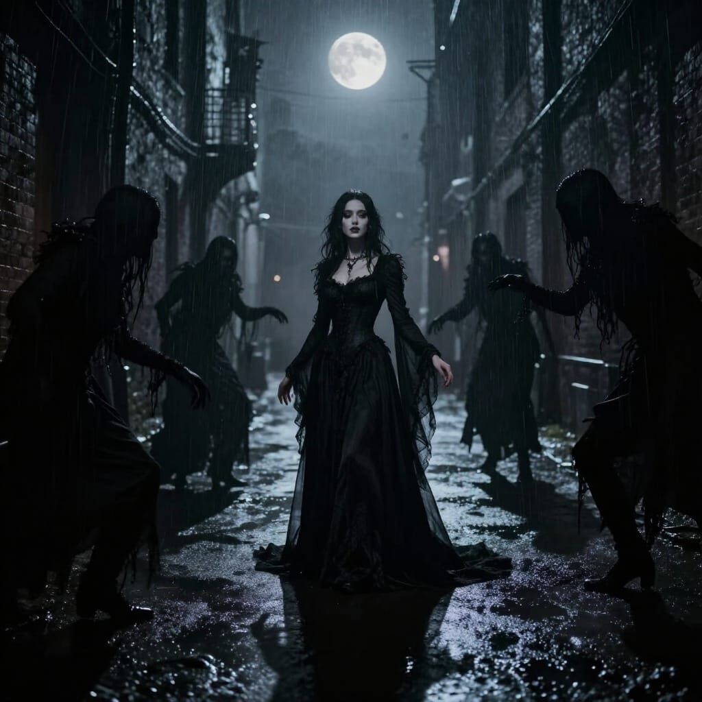 Gothic Lady in Shadowy Alley - Dark Fantasy Art