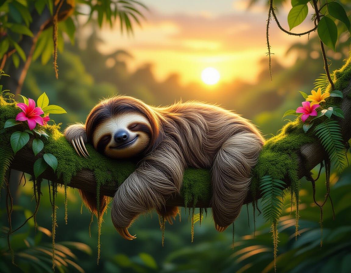 Adorable Sloth Sleeping on Mossy Branch at Sunset
