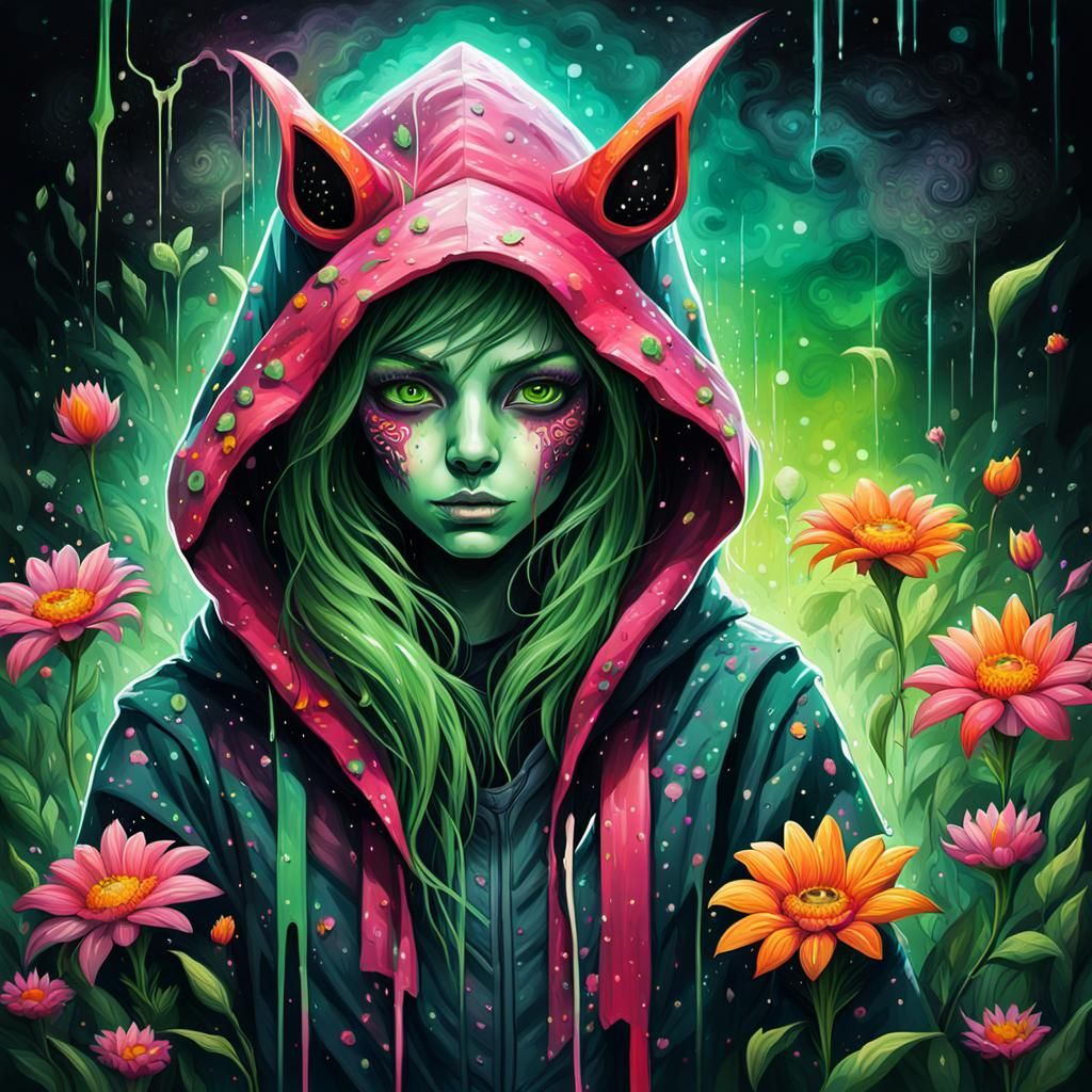 Hooded Alien Portrait in Graffiti Art Style