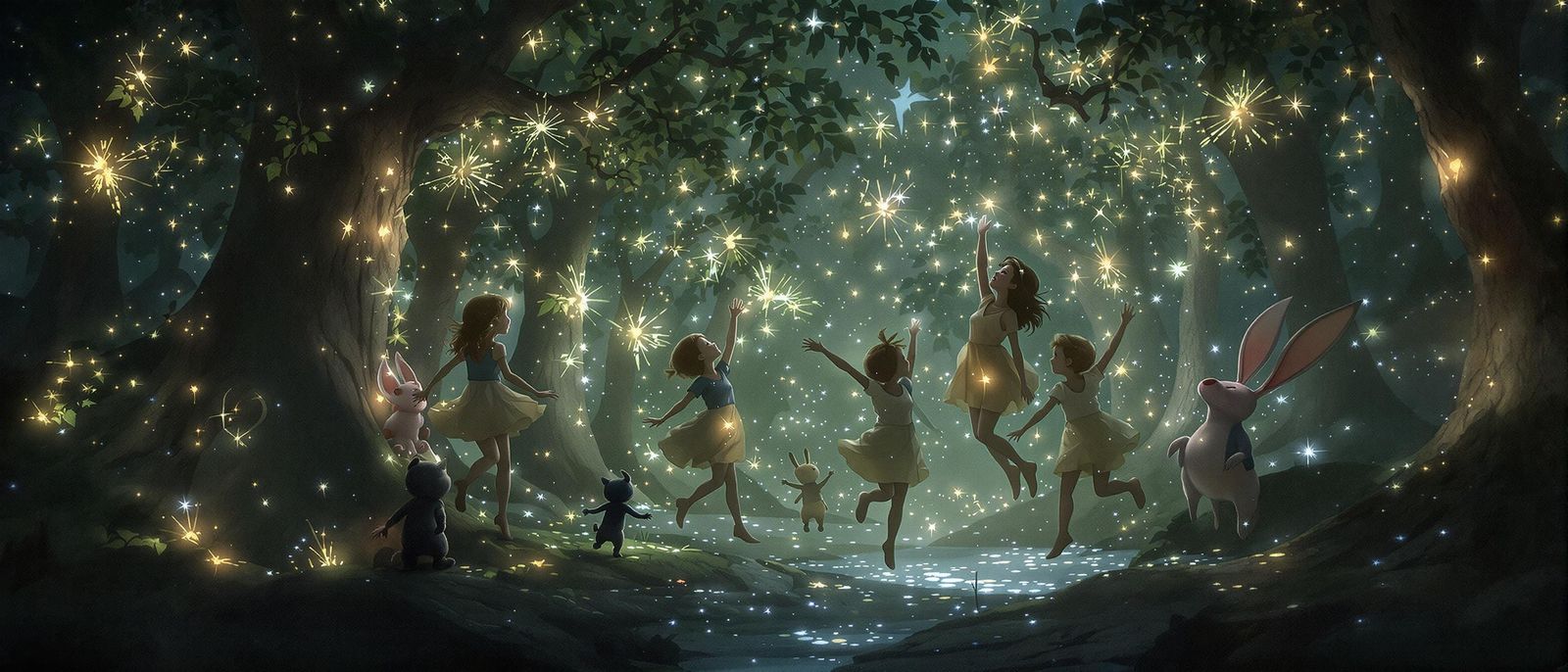 Children Dancing in Bioluminescent Forest, Fantasy Art