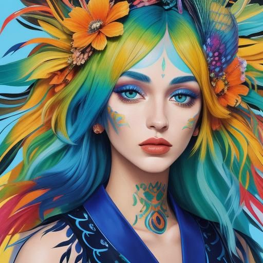 Woman with Peacock Feathers in Fauvist Dreamscape