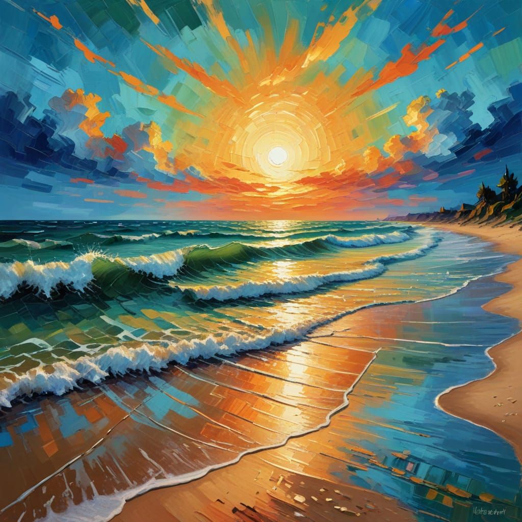 Surreal Tropical Beach Scene in Neo-Impressionist Oil Painti...