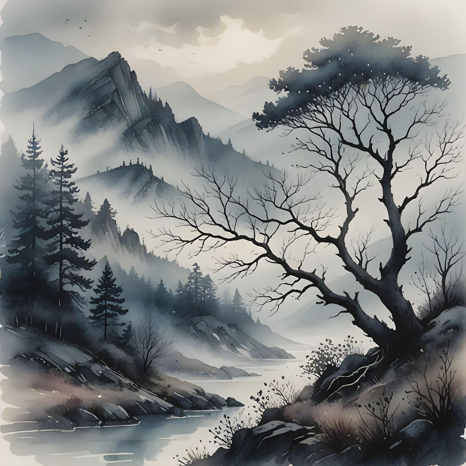 Solitary Figure in Misty Nature Scene