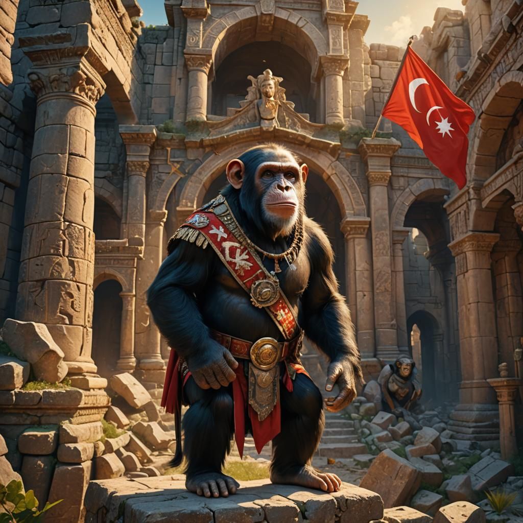 Chimpanzee with Turkish Flag in Ancient Ruins