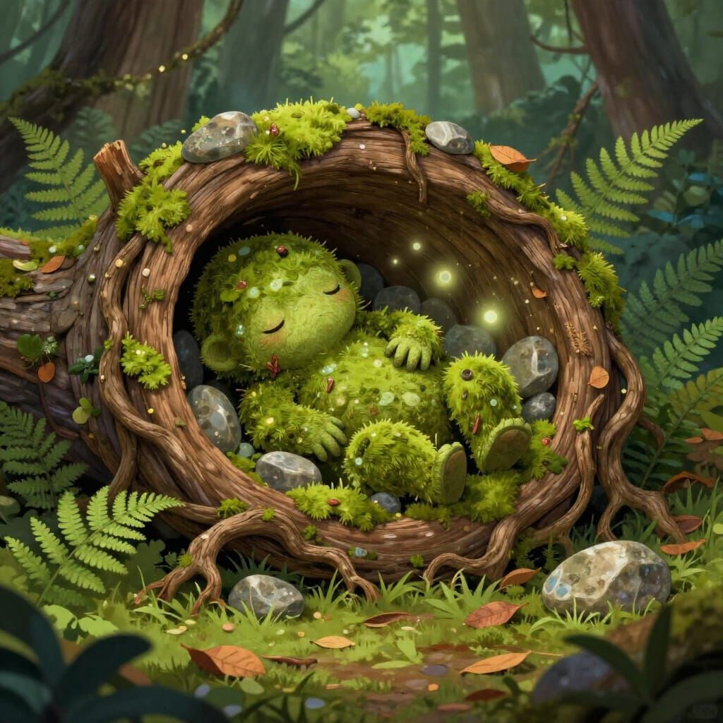 Moss Golem Sleeping in Enchanted Forest Log