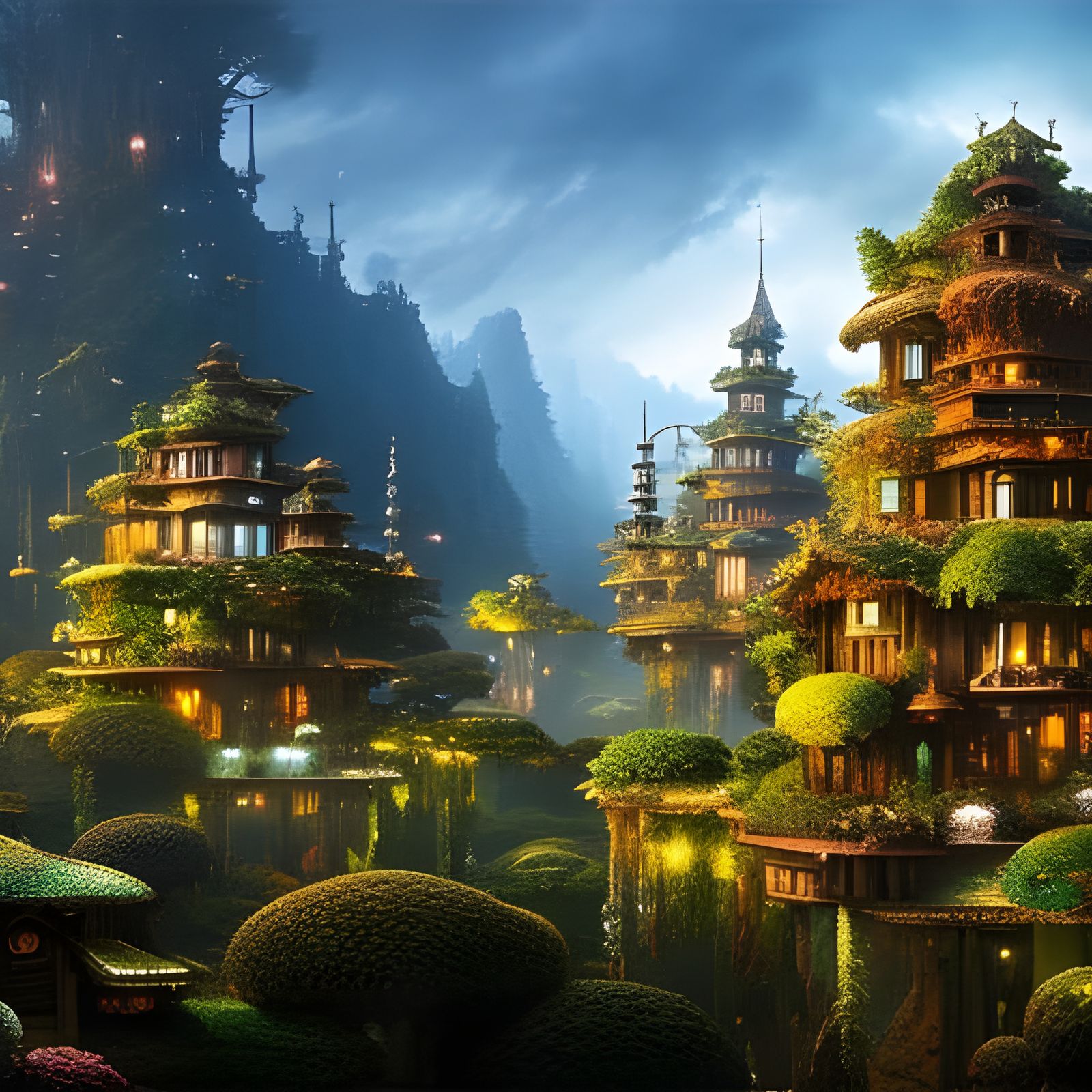 Clockpunk Crystal Bonsai Village: Detailed Digital Painting