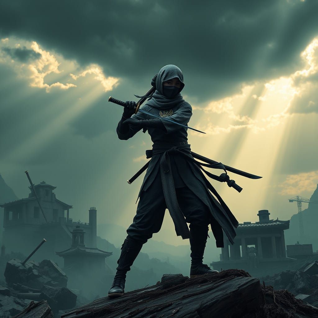 Ninja Warrior Standing in Post-Apocalyptic Ruins