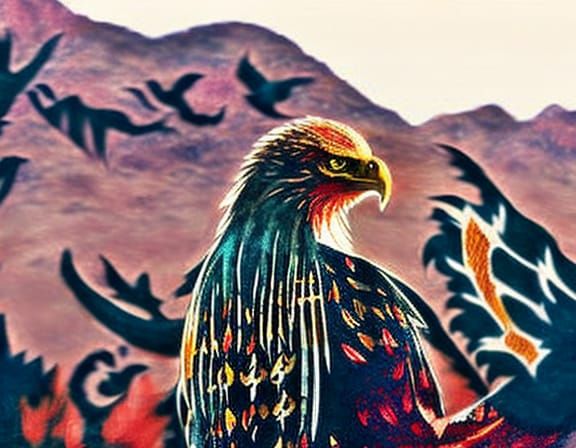 Eagle Shaman with Phoenix in Starry Desert