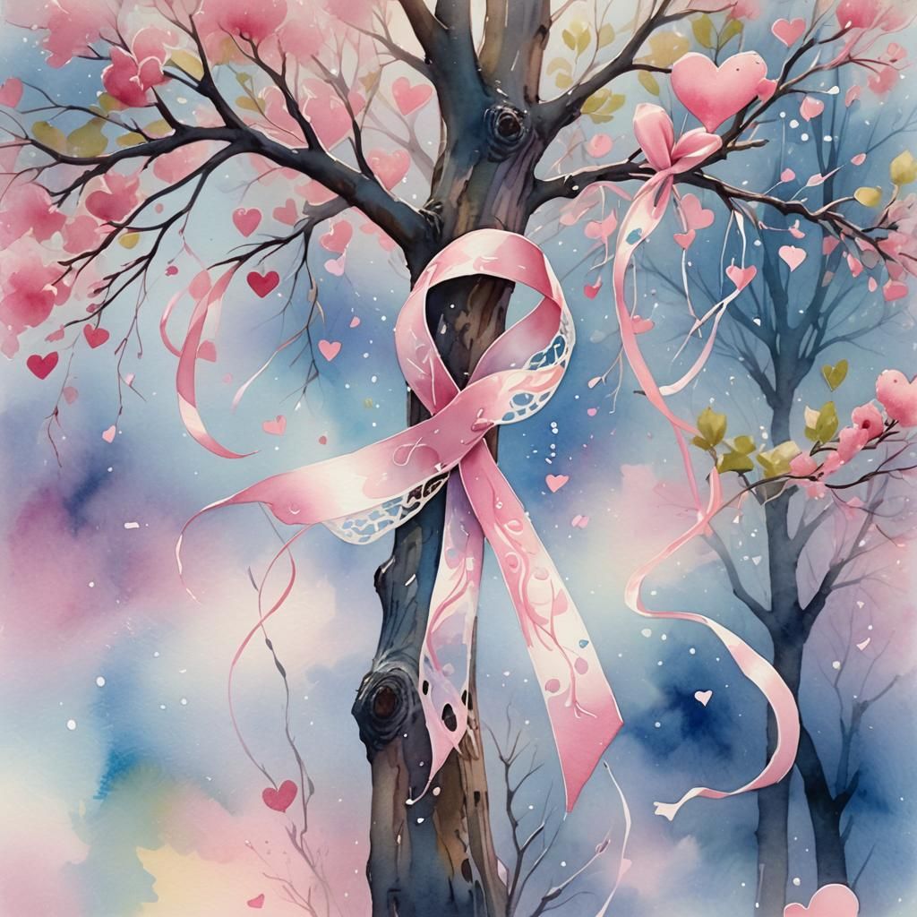 Pink Ribbon Watercolor Concept Art with Hearts