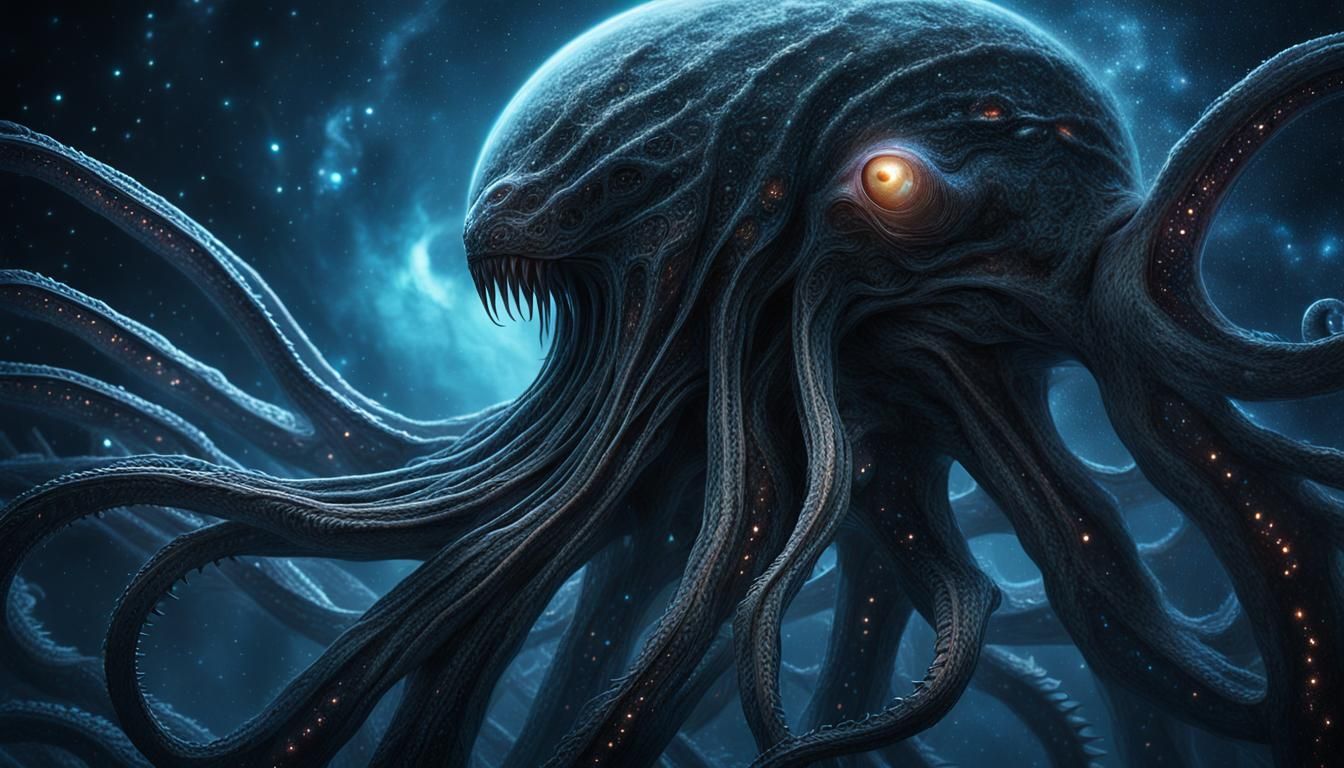Surreal Tentacled Alien Emerges from Starry Void