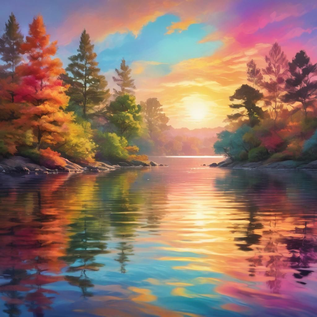 Vibrant Serene Landscape with Rainbow Sky