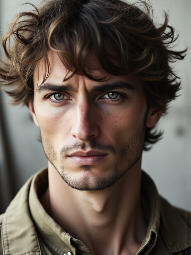 Moody Portrait of a Confident Man with Sunlit Skin and Tousl...