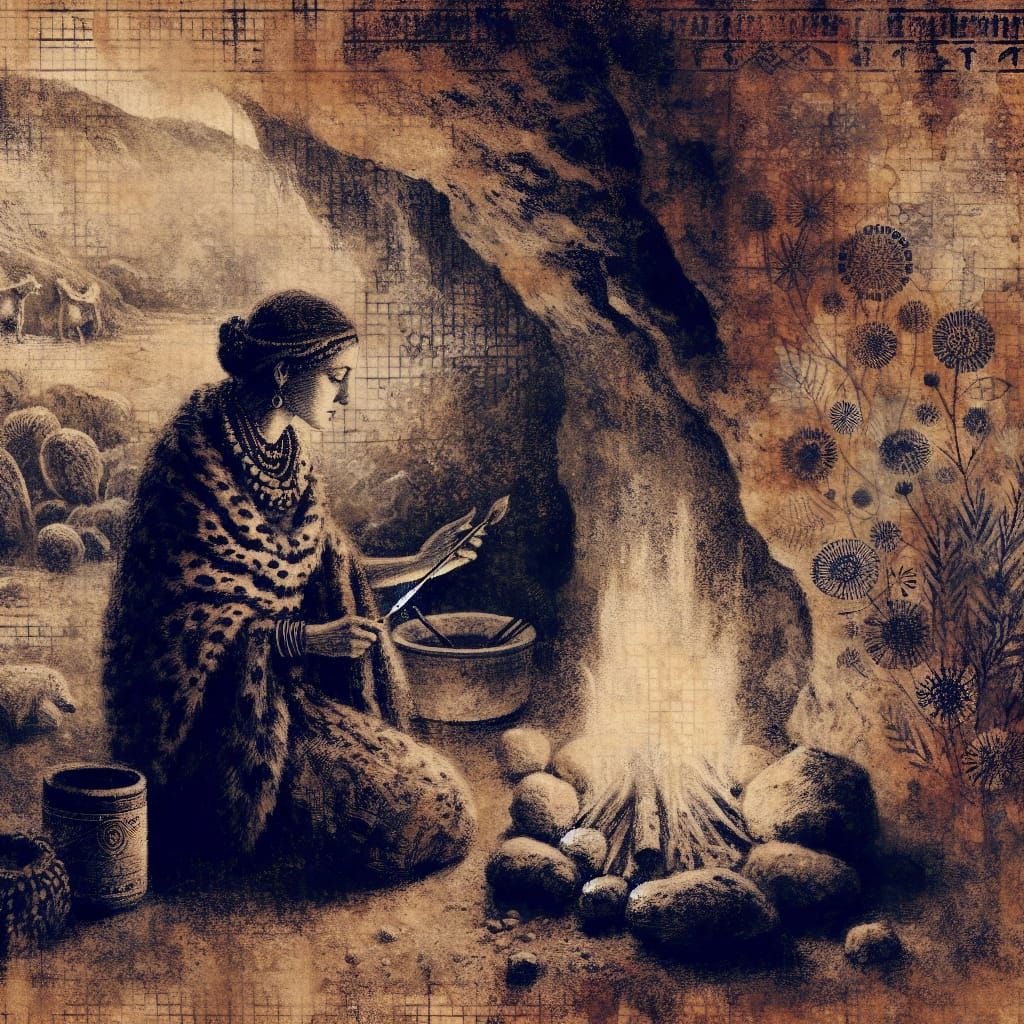 Ancient Woman Building Fire as Crosshatch Oil Painting