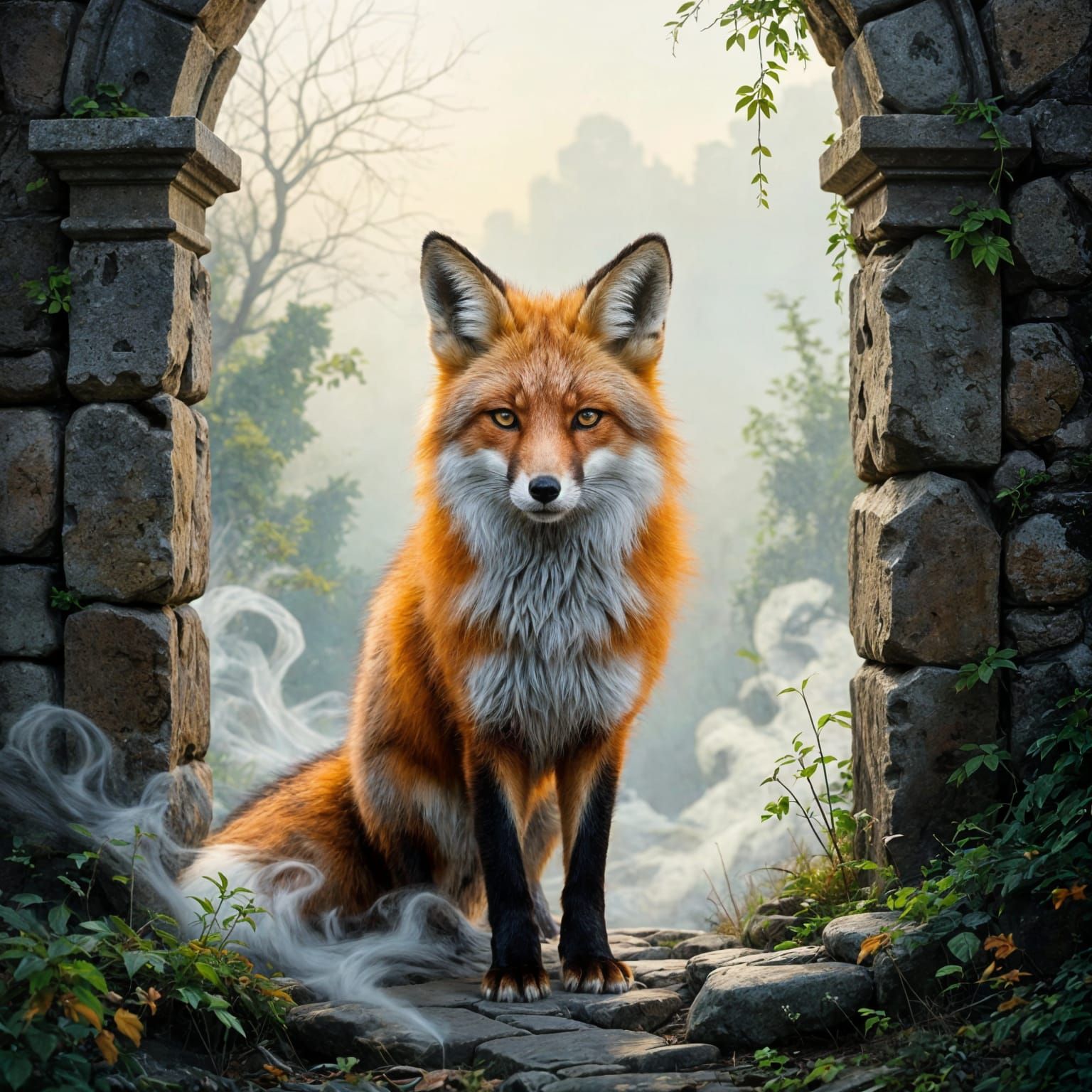Majestic Fox at Ancient Gate in Ethereal Mist