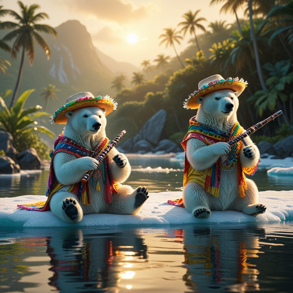 Polar Bears Play Flutes in Paradise: Digital Art