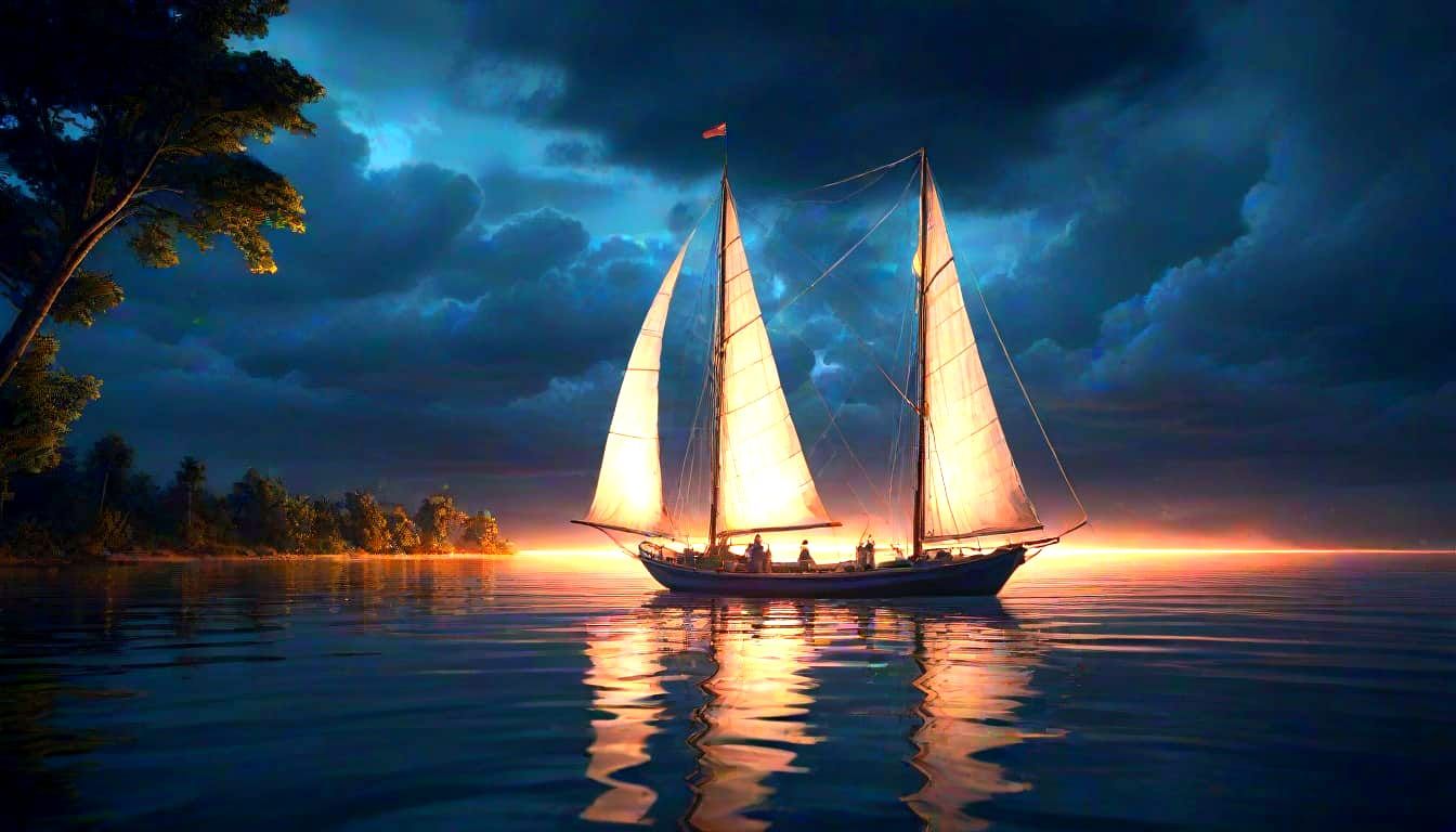 Moonlit Sailboat on Calm Lake at Night