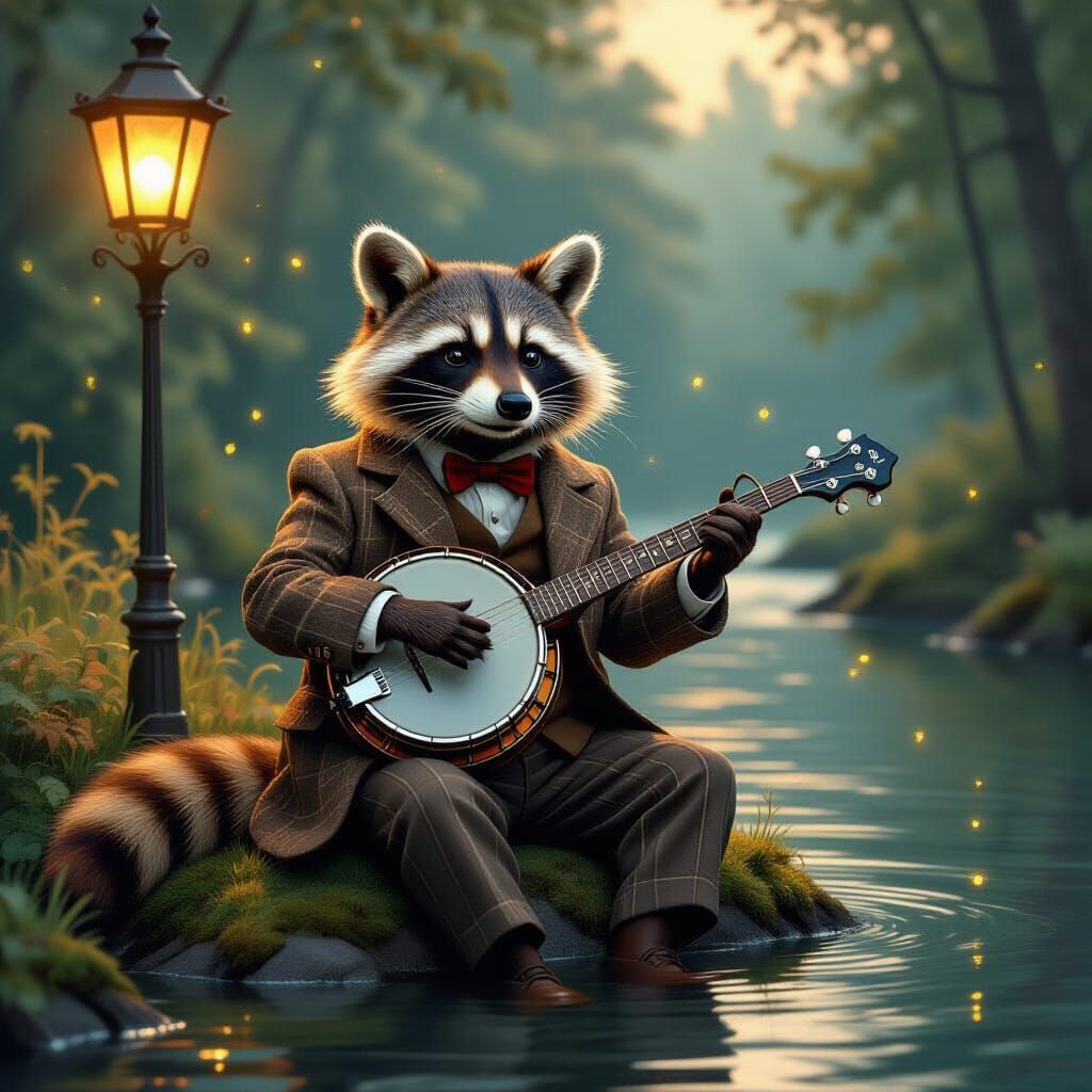 Raccoon Banjo Player in Nostalgic Steampunk Style