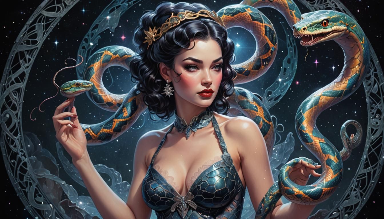 Pinup in Lace with Snake: Holographic Astral Illustration
