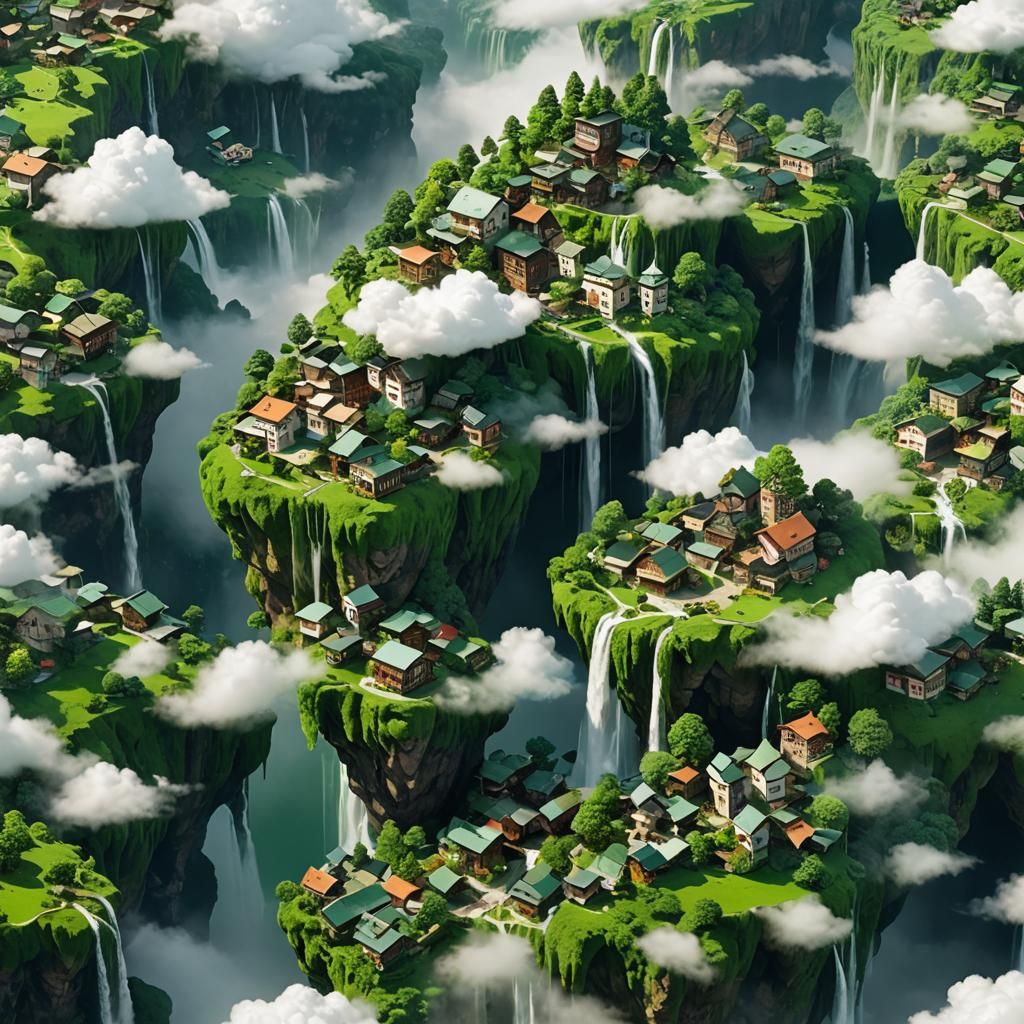 Floating Sky Towns with Green Waterfalls