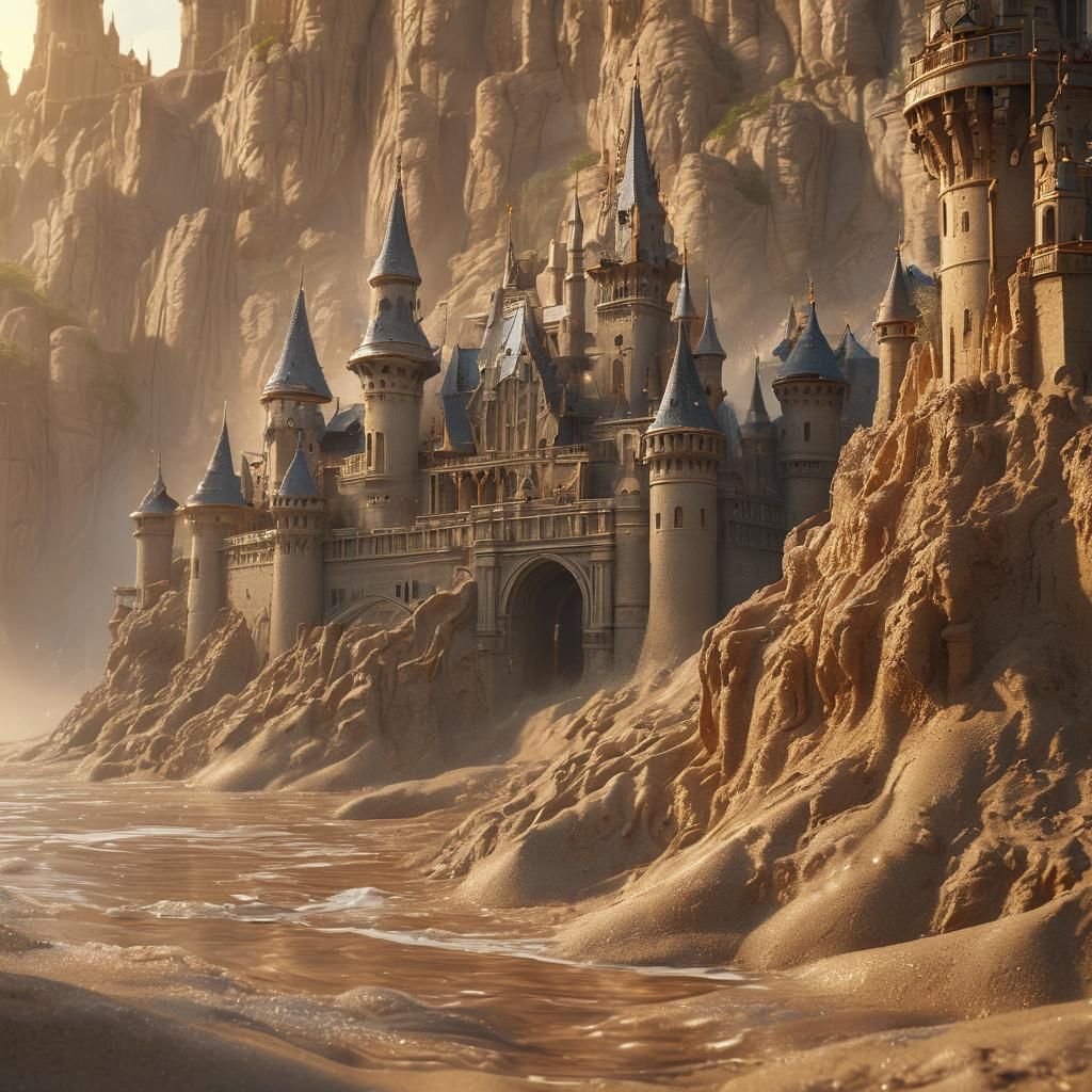 Fantastical Sandcastle with Flowing Water, Digital Art