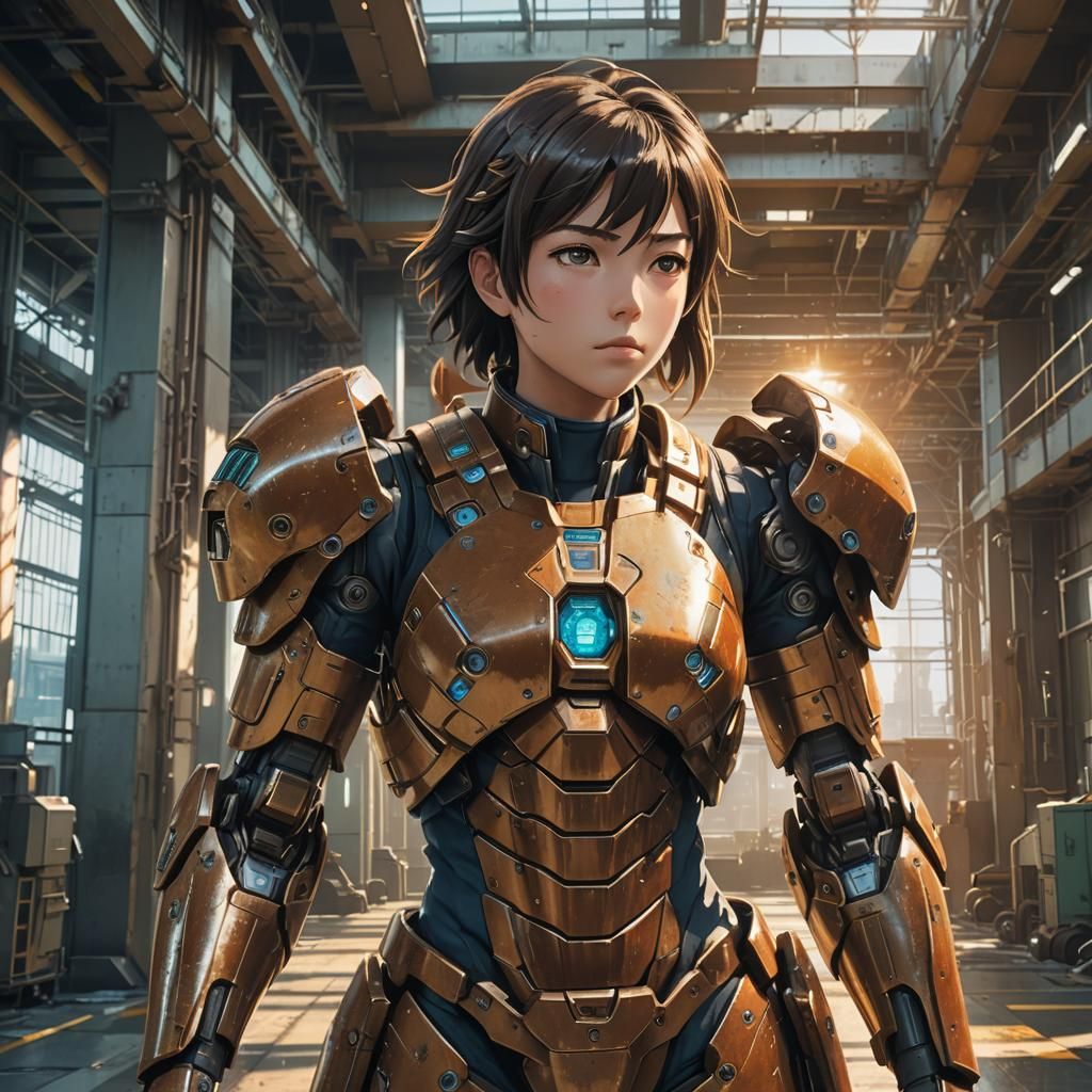 Anime Android in Rusty Armor, Golden Hour Lighting