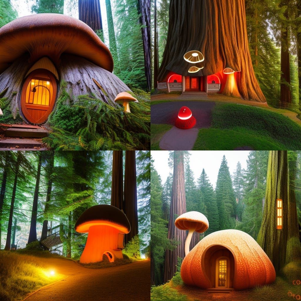 Giant Mushroom House with Redwood Trees
