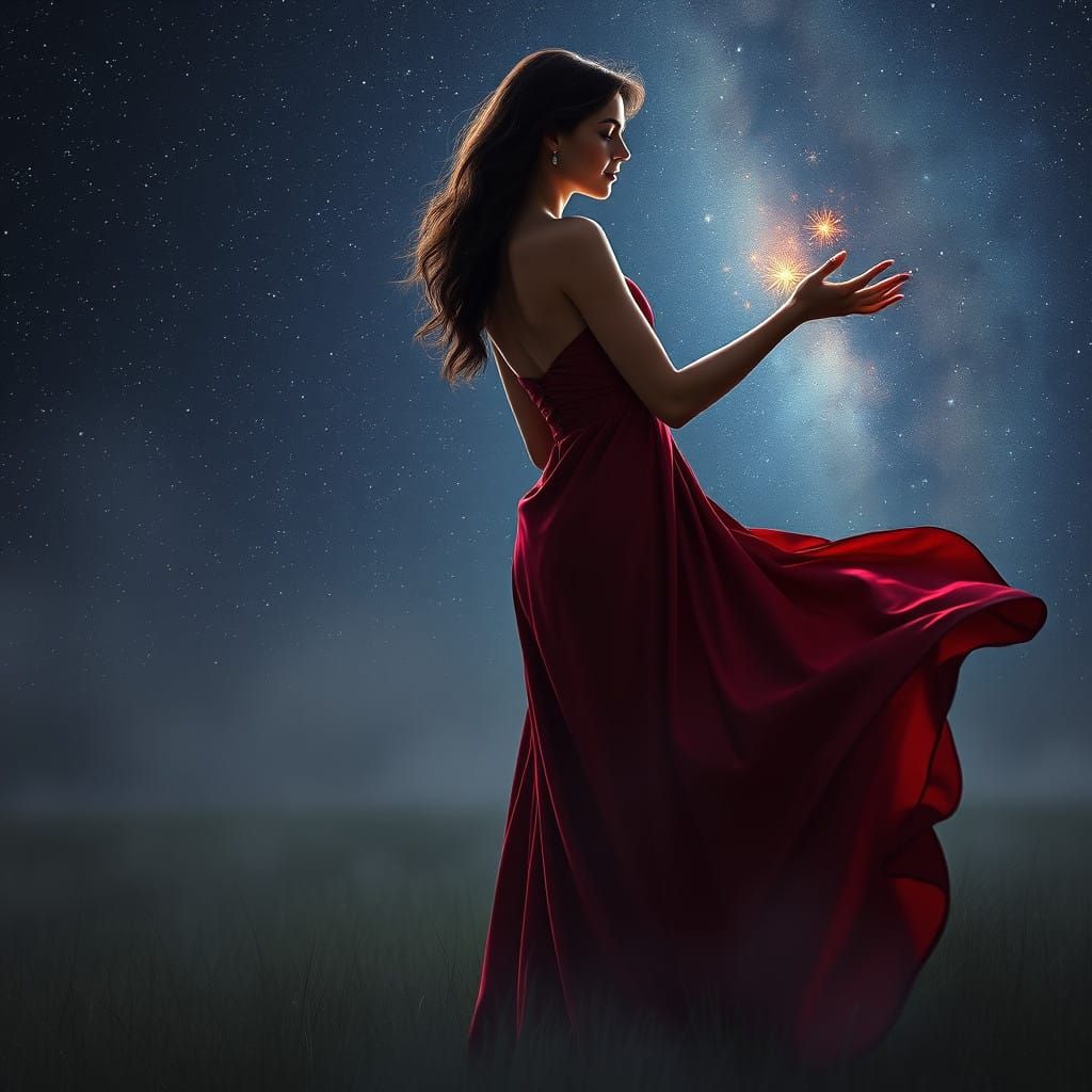 Ethereal Woman in Crimson Gown Under Starry Night Sky