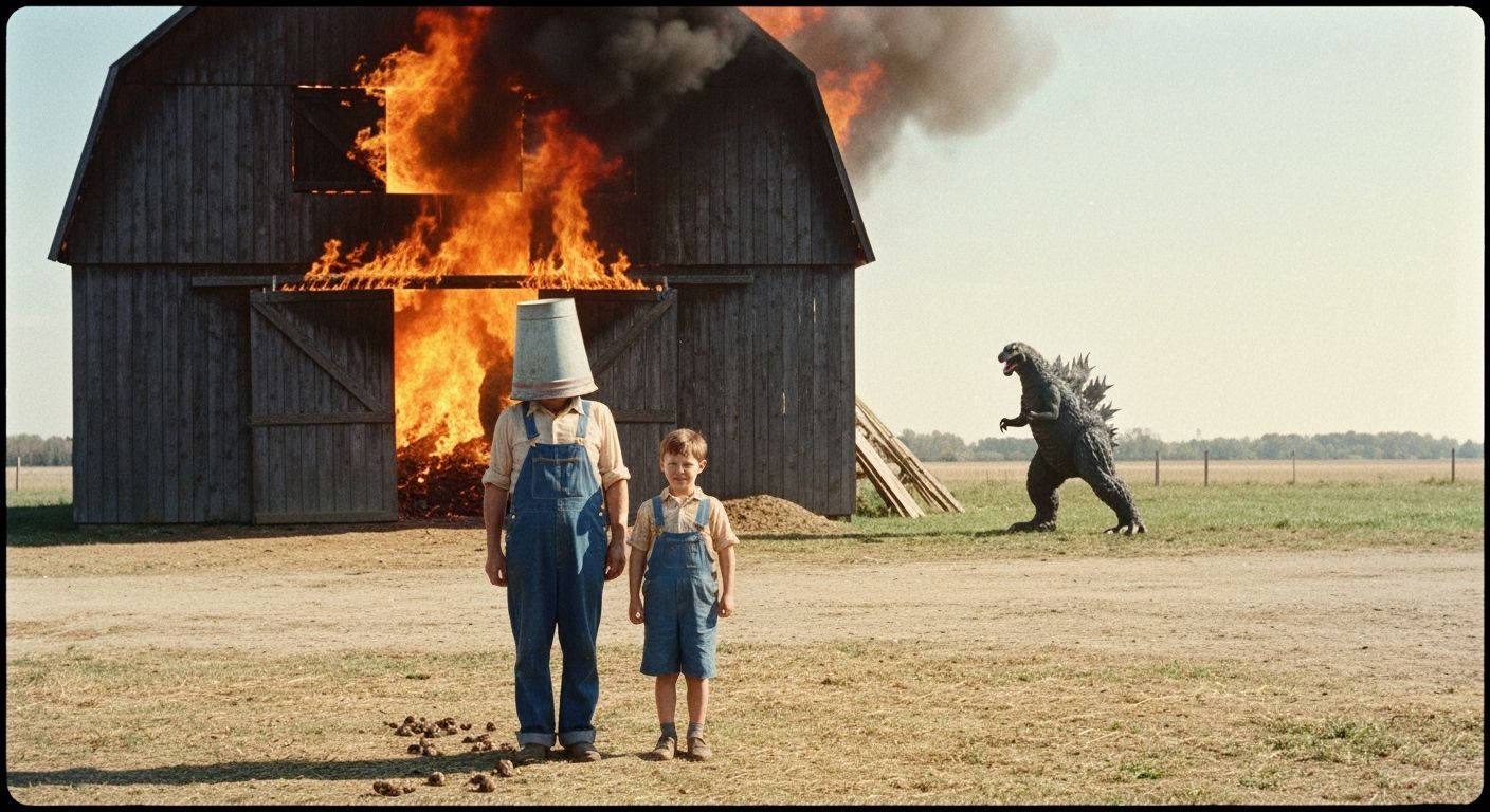 Godzilla in Burning Barnyard, Absurdist Morning Photo