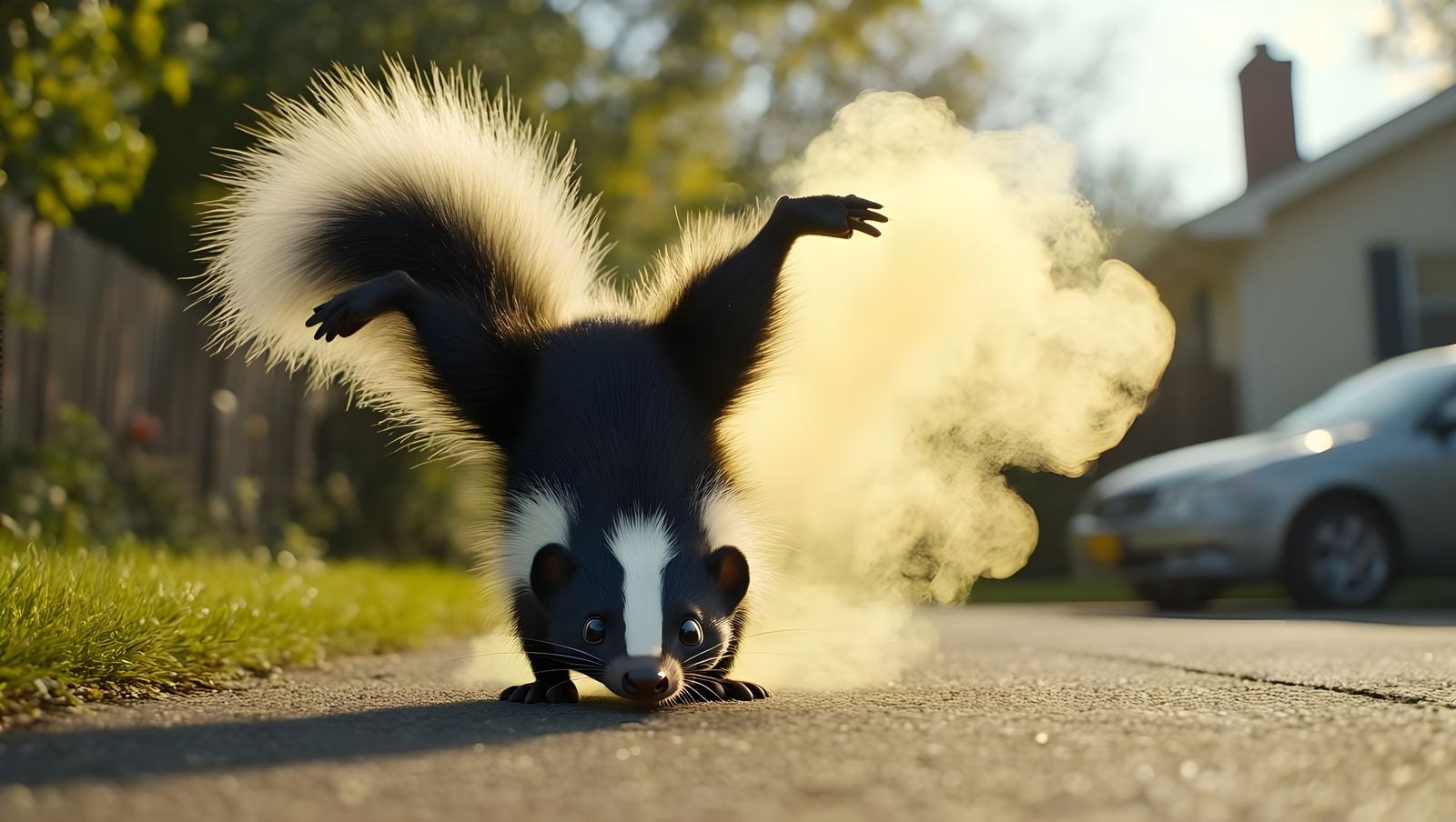 Kooky Skunk Performs Handstand in Sunny Suburban Garden