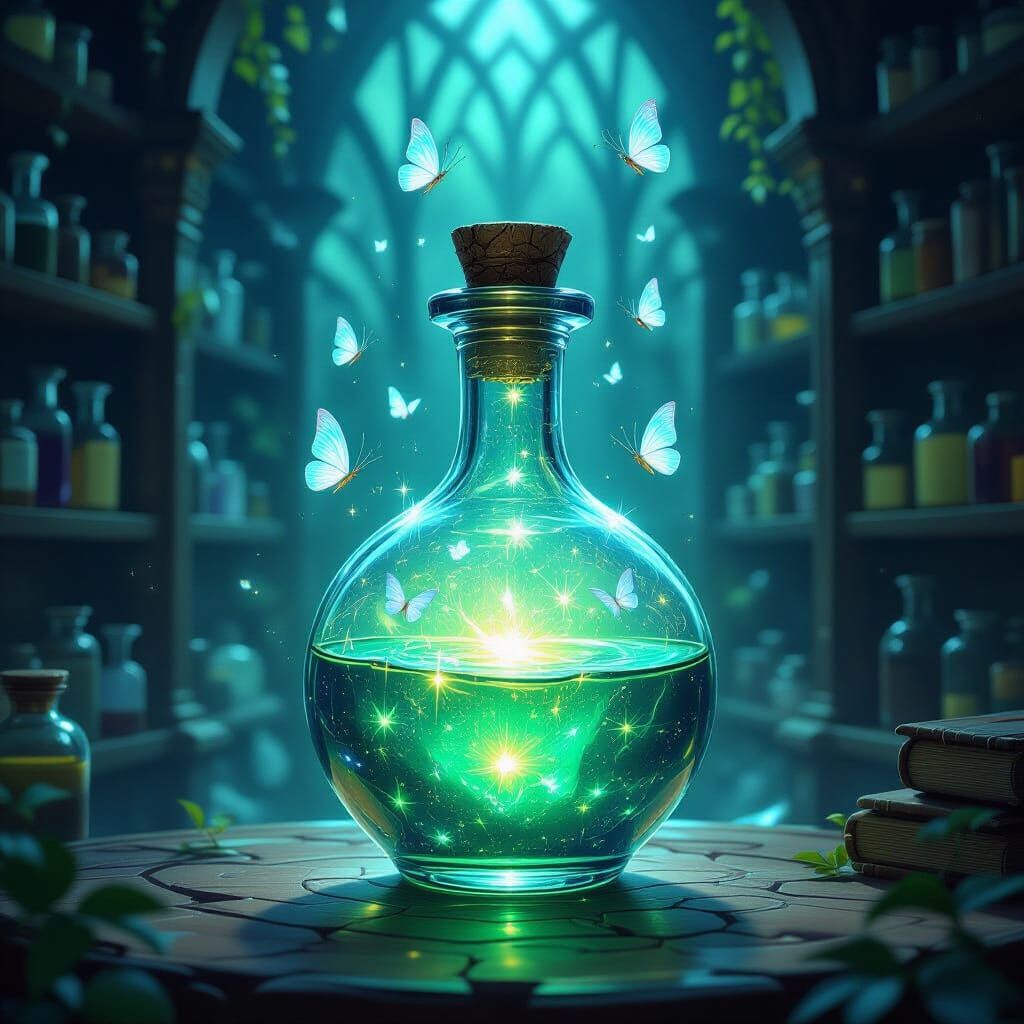 Iridescent Potion in Ancient Apothecary, Ethereal Butterflie...