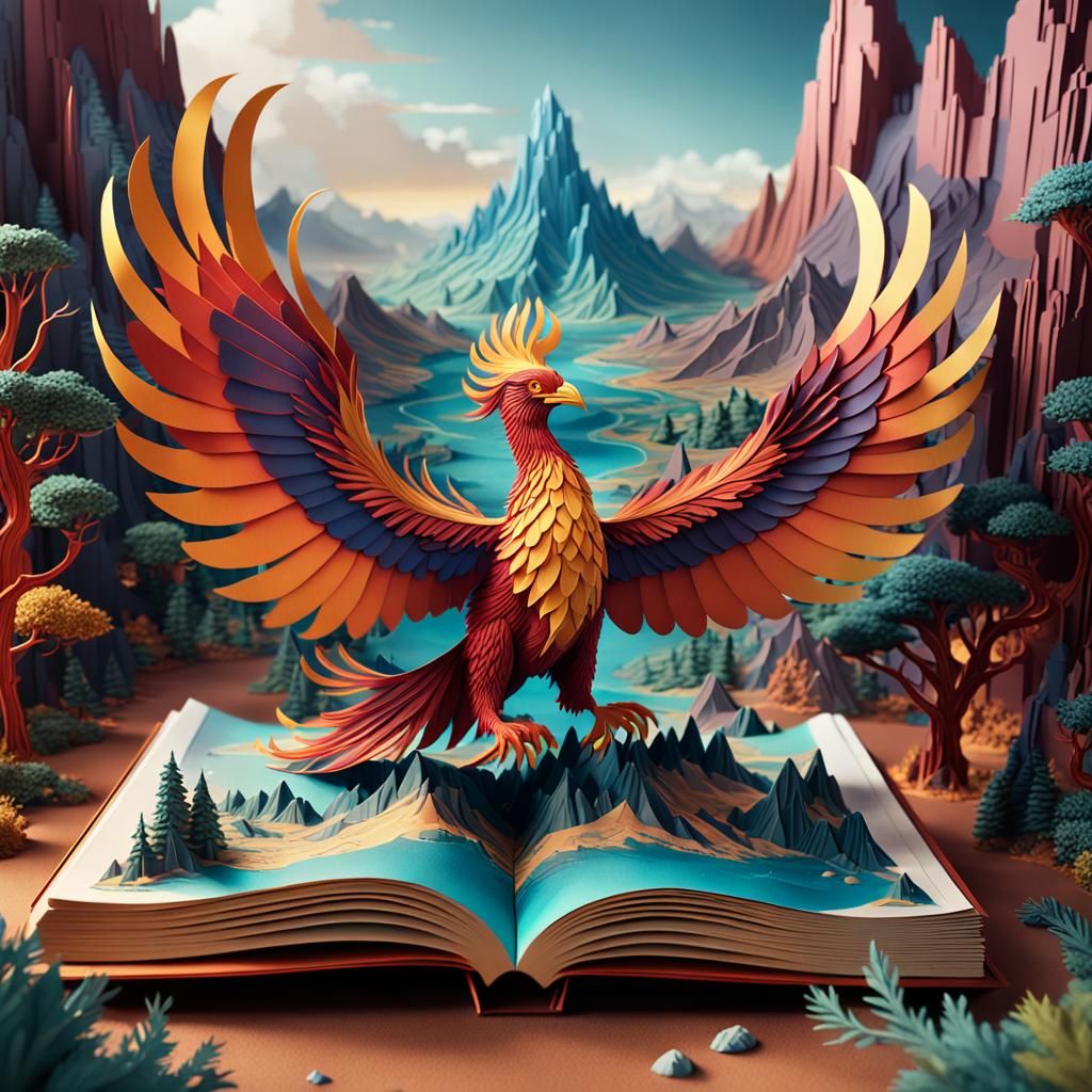 Paper Art Phoenix and Mountain in Fantasy Style