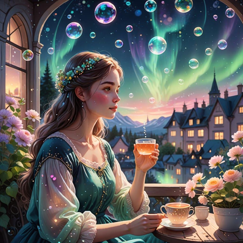Dreamy Terrace Scene with Aurora Sky and Bubbles