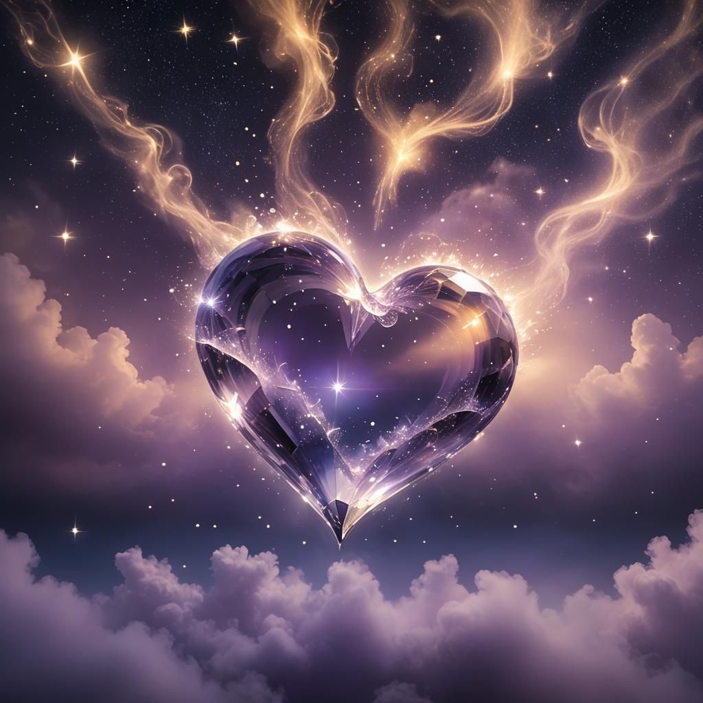 Glowing Heart Crystal in Dreamy Night Sky