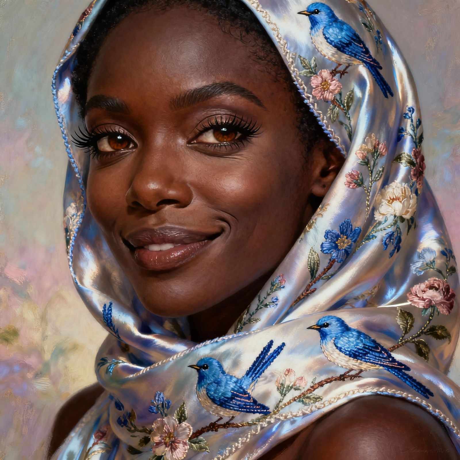 Elegant Black Woman in Floral Silk Headscarf Oil Painting