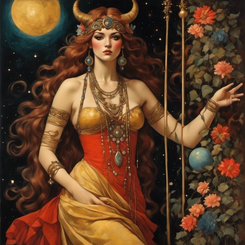 Cosmic Taurus Goddess in Psychedelic Bohemian Style