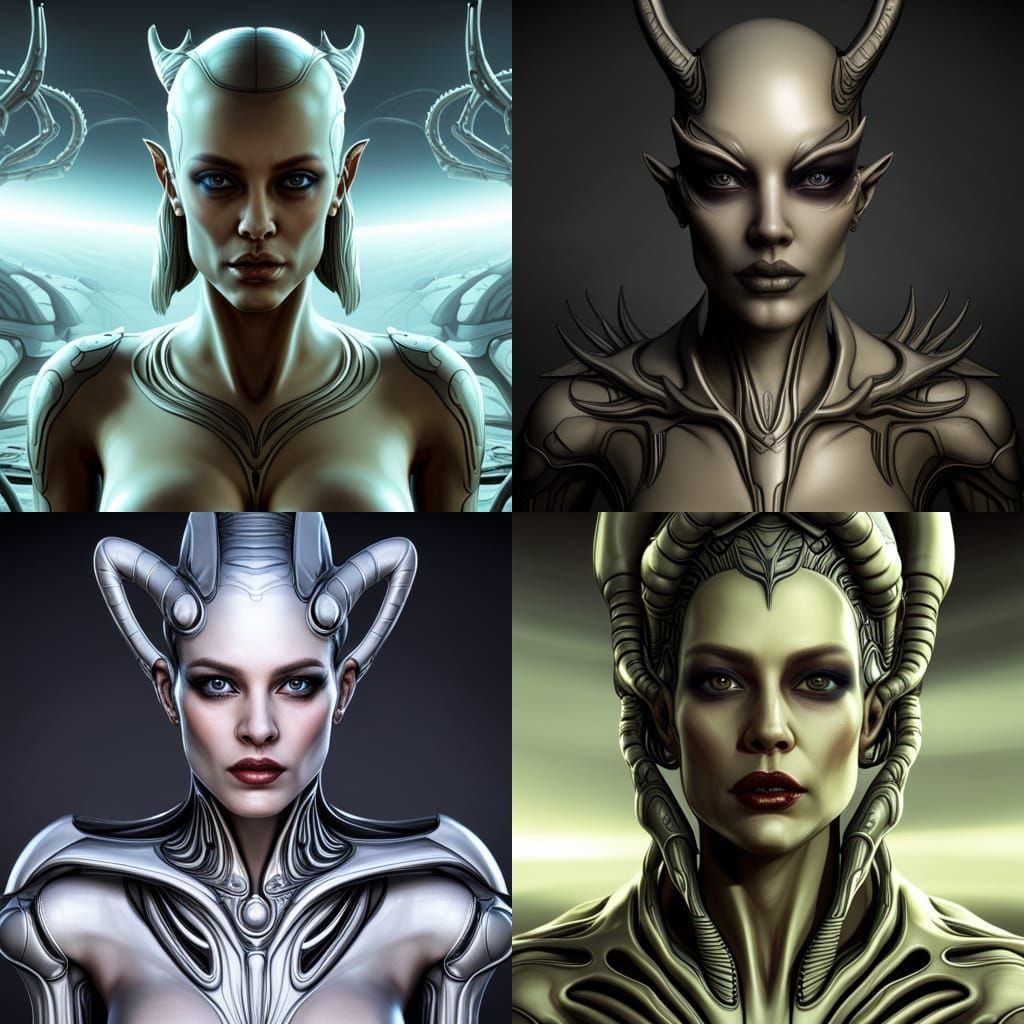 Beautiful Alien Queen humanistic features 3d art digital art high resolution high tech futuristic H.R. Giger Unreal Engi...