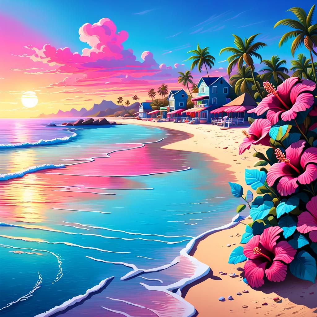 Sunset Beach Scene in Cerulean Blue and Hibiscus Pink