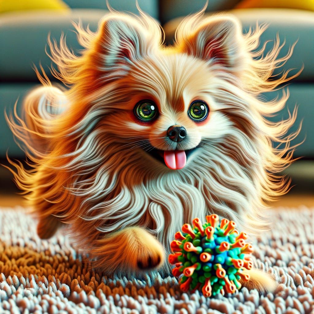 Exuberant Pomchi Dog Plays with Squeaky Toy