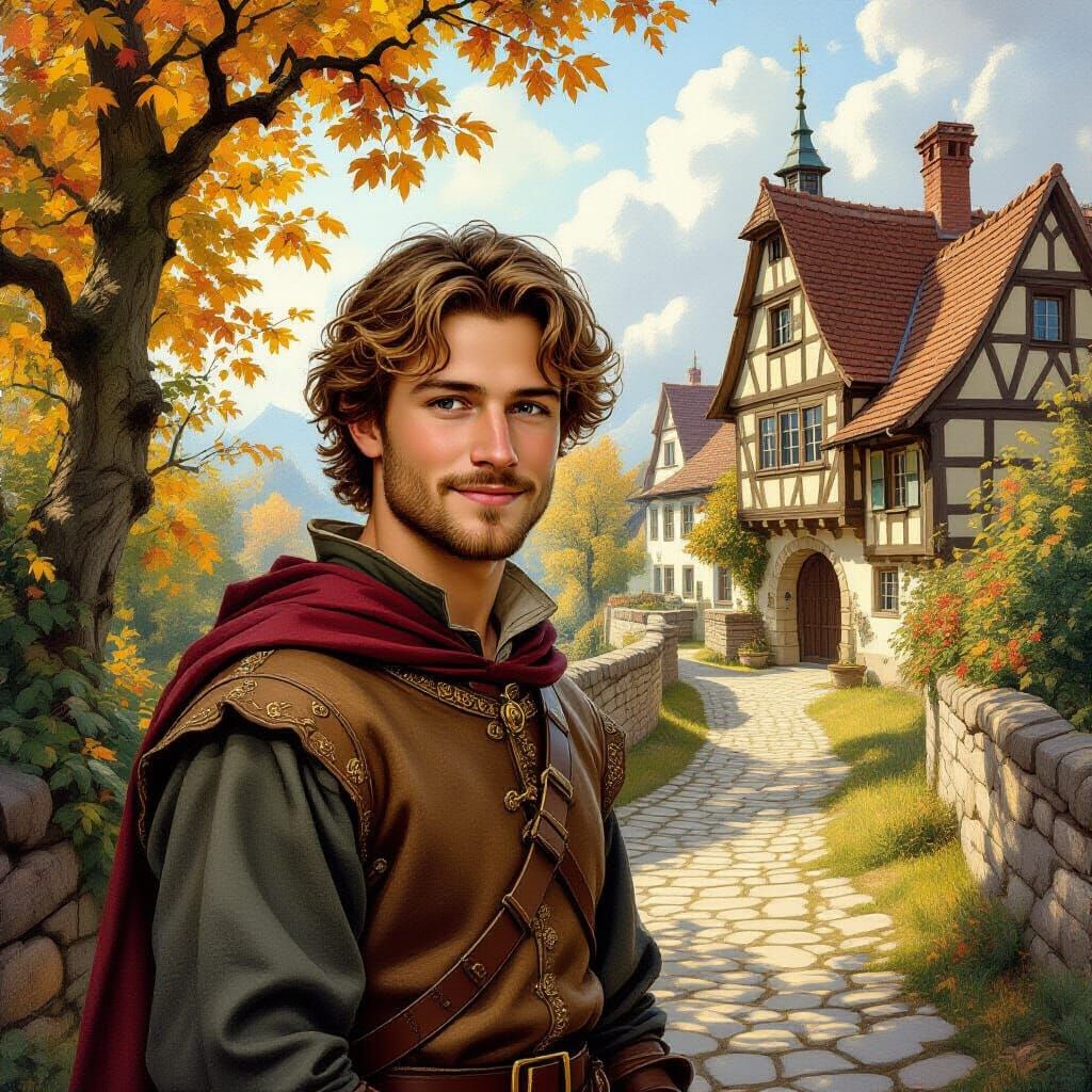 Medieval Man Portrait with Half-Timbered House, Renaissance ...