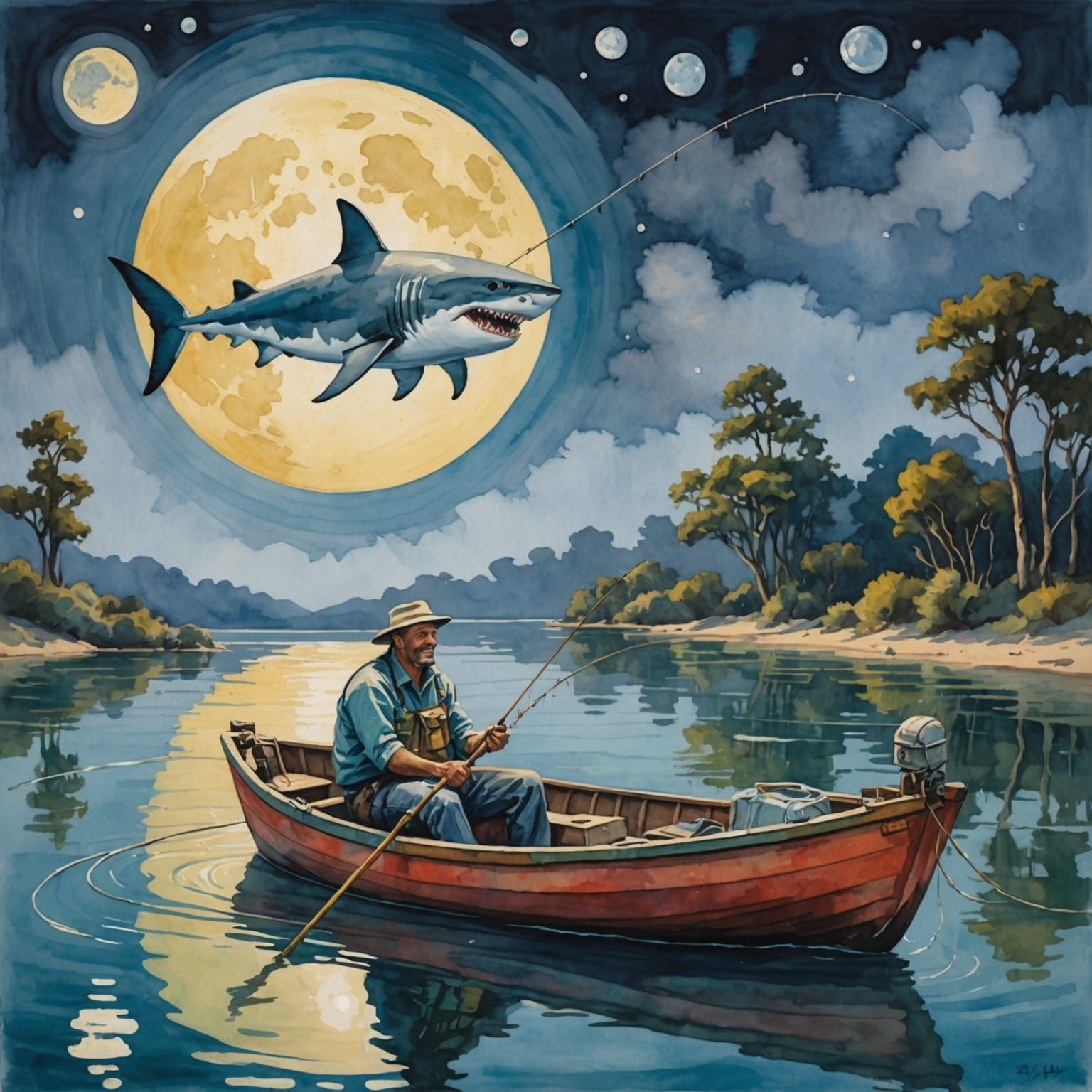Fisherman and Giant Shark Under Moon, Impressionist Gouache
