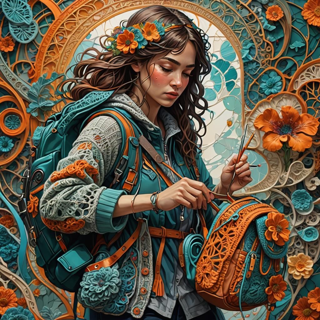 Woman with Crochet Hook in Art Nouveau Style