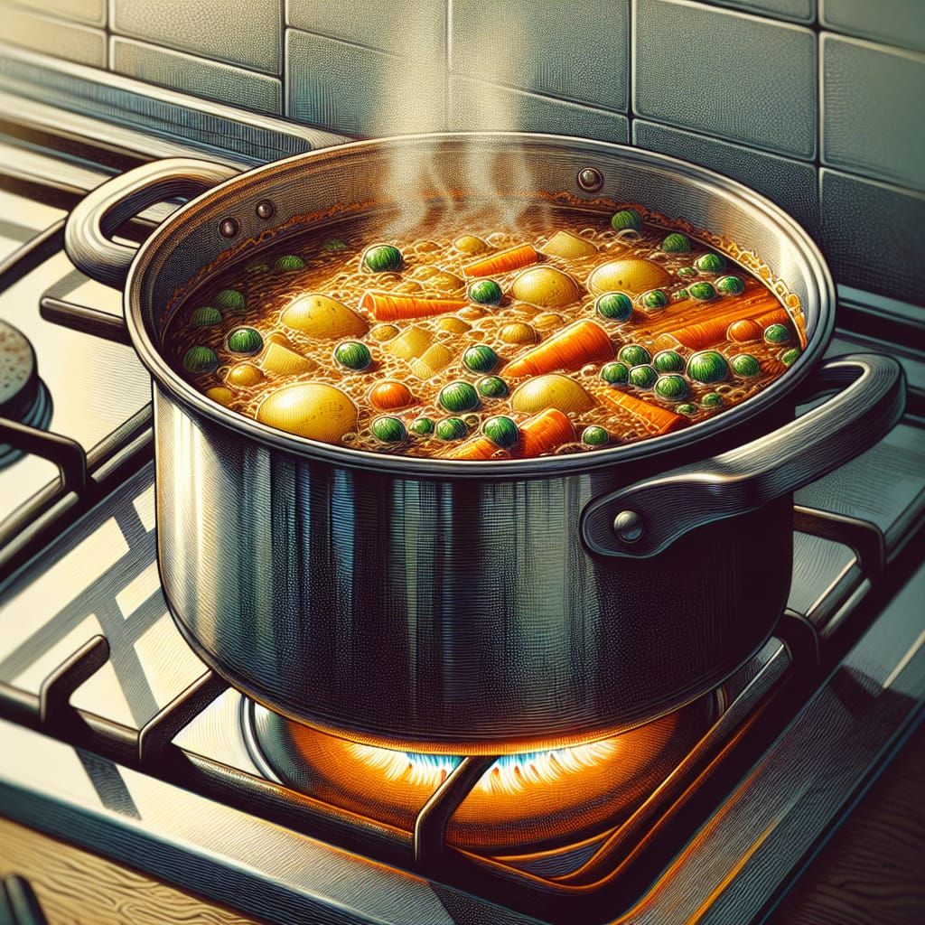 Hearty Soup Boils in a Modern Stainless Steel Saucepan