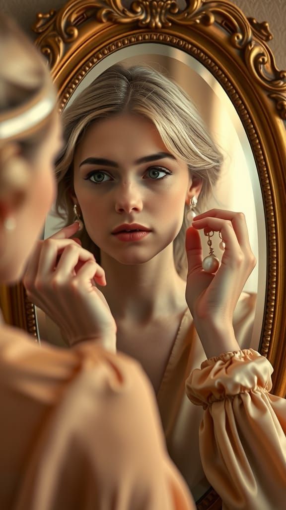 Woman Adjusting Pearl Earrings in Art Nouveau Style